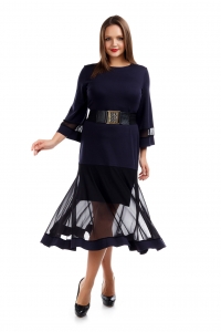 Комбинированное платье из темно-синего трикотажа и черной трикотажной сетки