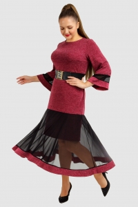 Комбинированное платье из бордового трикотажа и черной трикотажной сетки