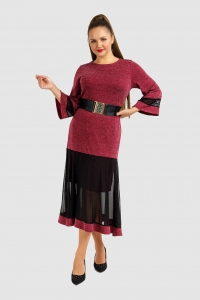 Комбинированное платье из бордового трикотажа и черной трикотажной сетки