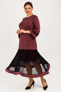 Комбинированное платье из бордового трикотажа с люрексом и черной трикотажной сетки