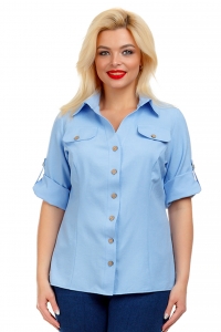 Голубая блузка из льна с имитацией карманов