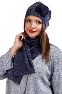 Синий женский комплект из трикотажа: шапка и шарф